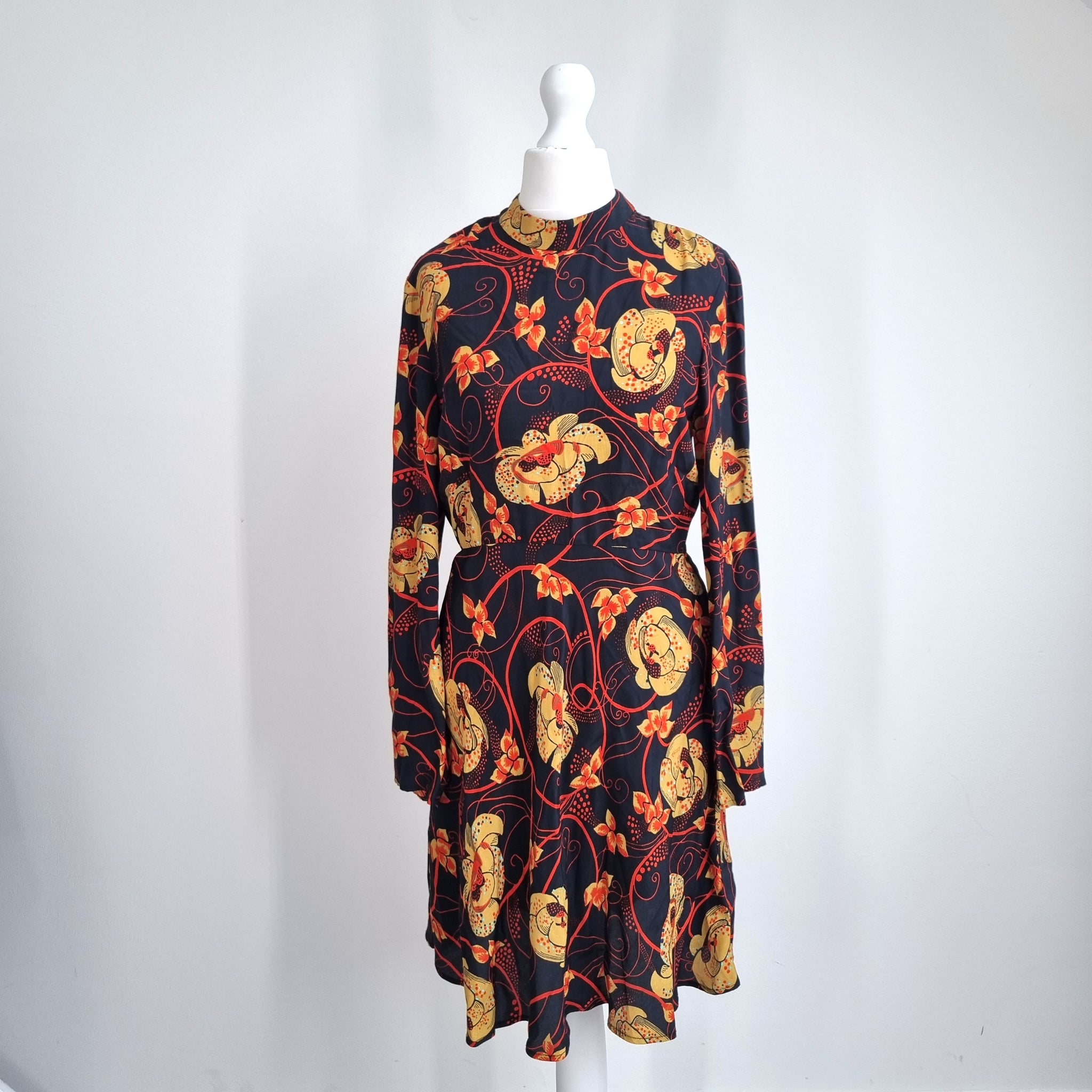 Zara Woman Mini Dress Small Retro Floral Print Navy Orange Long Sleeve – Found So Pretty