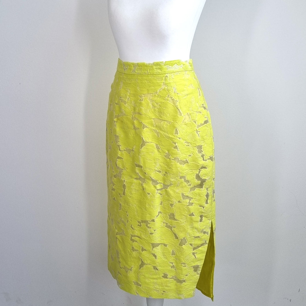 Whistles Midi Skirt Lace UK 6 Neon Yellow Straight Cotton Silk Lined Party