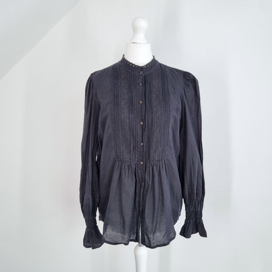 ME+EM Blouse Black Lace Detail Mock Neck Victoriana Long Sleeves Gothic Cotton 8