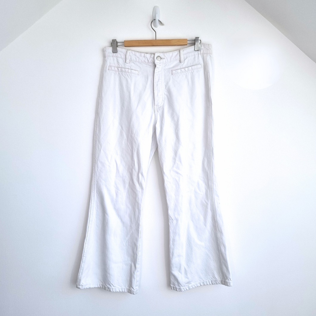 Zara Jeans Off-White UK 14 Kick Flare High Rise Ankle Denim Summer Trousers EU42