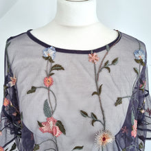 Load image into Gallery viewer, Lucky Brand Blouse Embroidered Sheer Mesh Black Floral Short Sleeves Top Large
