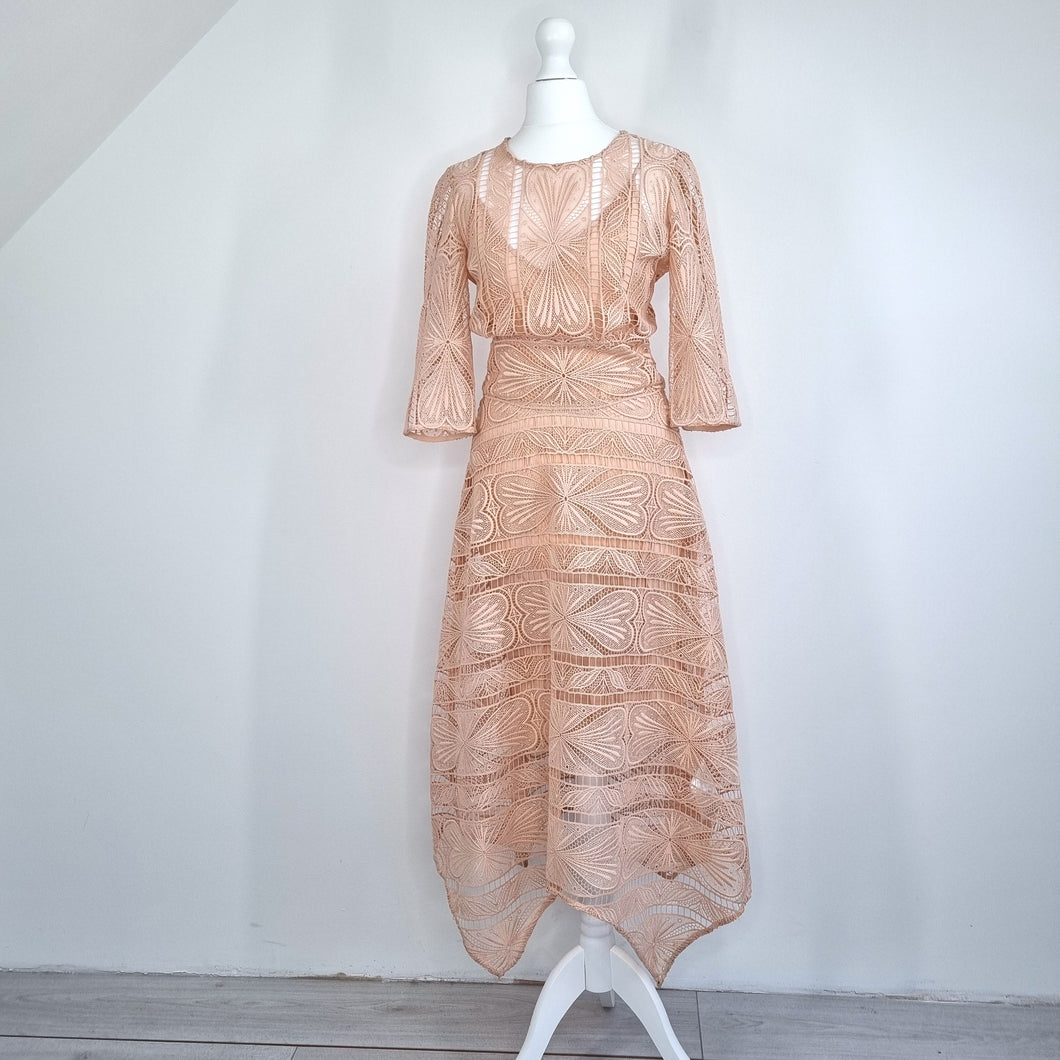 NEW Maje Lace Dress Blush Pink Midi Maxi Occasion Evening Lined A Line 1 UK 8