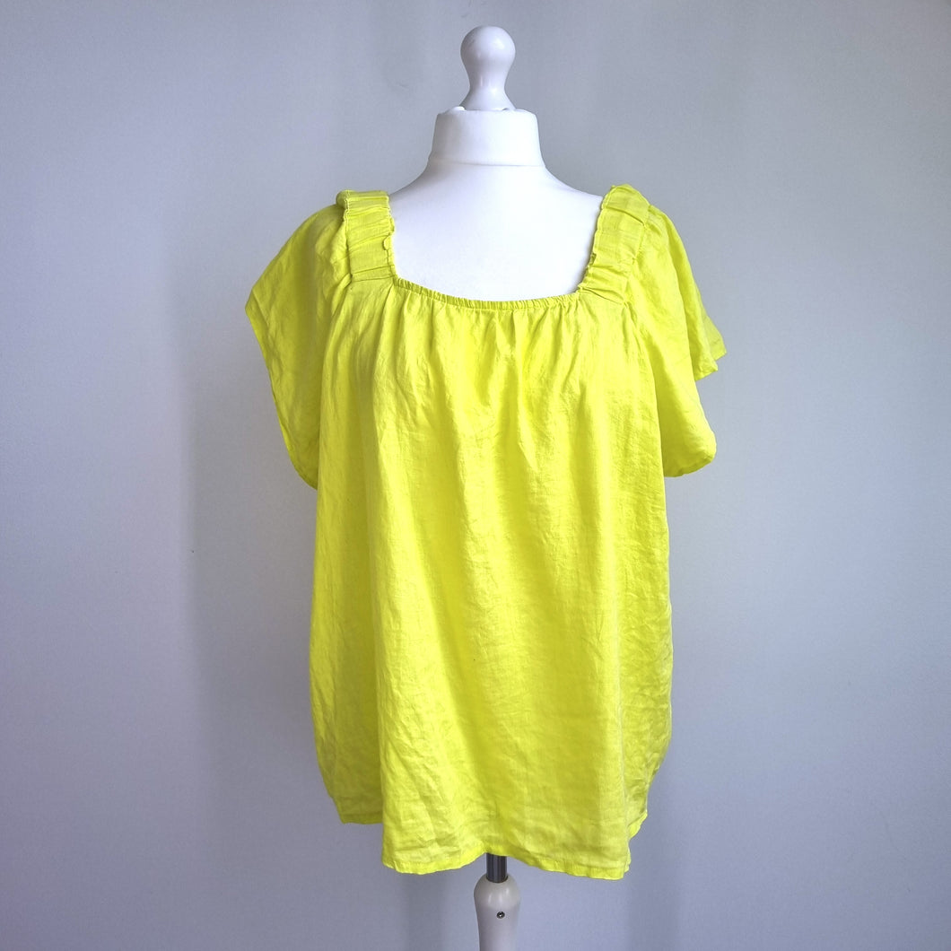 Next 100% Linen Blouse UK 20 Neon Yellow Top Boat Neck Short Sleeves Holiday