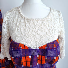 Load image into Gallery viewer, Handmade Tartan Co Ord Set Maxi Skirt Bustier Top Orange Purple UK 4 6 Lace
