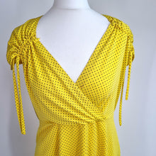 Load image into Gallery viewer, Vintage Dress Yellow Polka Dots Pockets Tea Dress Retro 80s Empire Waist 12 14
