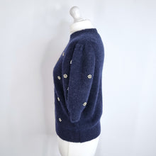 Load image into Gallery viewer, Boden Embellished Fluffy T-Shirt Top Navy Short Sleeves Wool Alpaca Knit Medium
