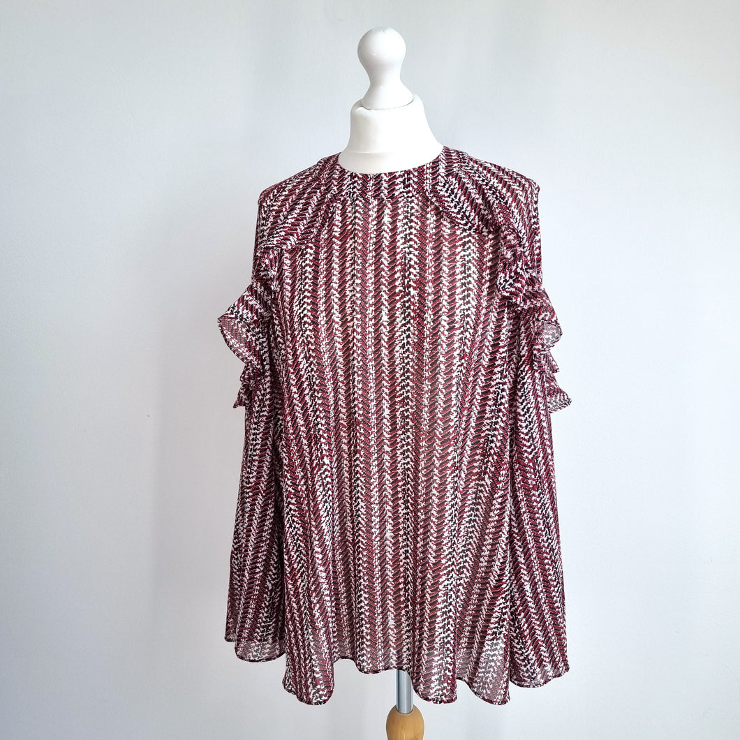 Reiss Ruffle Top Blouse Adelaide NEW Red Black Print Chiffon Long Sleeves 12