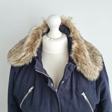 Load image into Gallery viewer, V by Very Parka Coat UK 18 Navy Blue Faux Fur Trim Jacket Winter Padded Pockets
