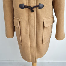 Load image into Gallery viewer, M&amp;S Duffle Coat Camel UK 14 Faux Fur Hooded Toggle Winter Coat Caramel Lined
