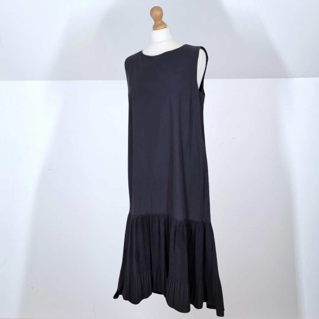 COS Midi Maxi Dress Pockets Black Pleated Tunic Cotton Sleeveless Lagenlook 14