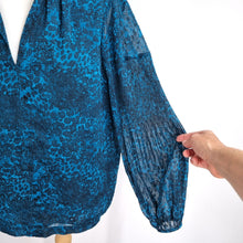 Load image into Gallery viewer, Whistles Blouse Animal Print Blue Chiffon Lined Peasant Top Long Sleeves Work 14
