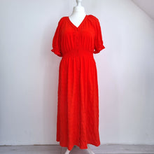 Load image into Gallery viewer, M&amp;S Midi Dress Red Button Down 16 Long Milkmaid Shirred Waist Boho Casual A Line
