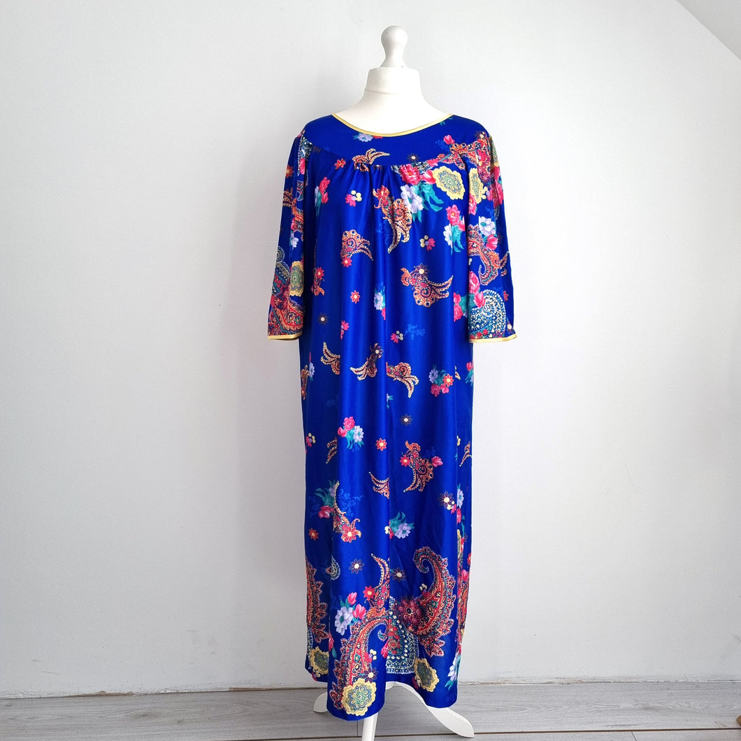 Vintage Afibel Dress Kaftan Maxi Blue Nylon Muumuu Coverup Blue Paisley 20 22