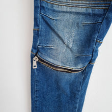 Load image into Gallery viewer, Zara Biker Jeans Distressed Skinny Zips Mid Blue Slim Ripped High Rise 40 UK 12
