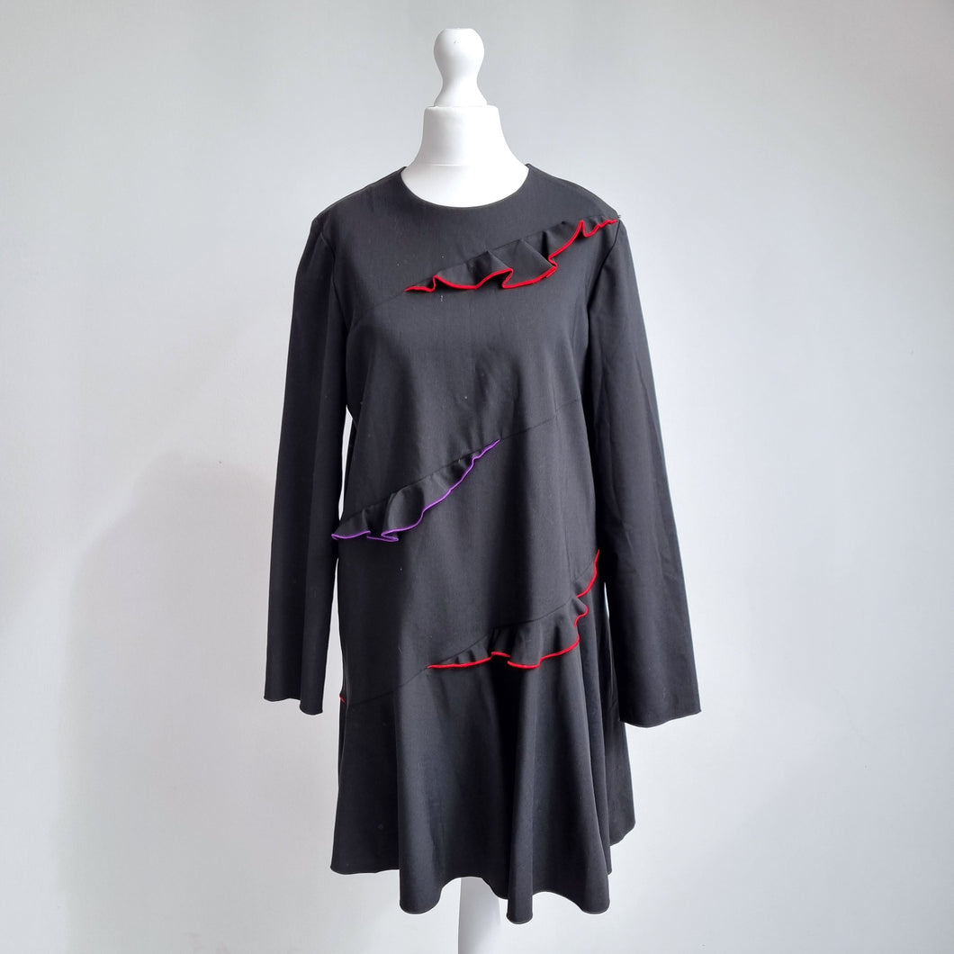 Sportmax Dress Black NEW Wool Skater Max Mara Ruffles Long Sleeves Mini UK 8