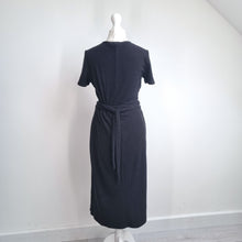 Load image into Gallery viewer, GAP Black Wrap Dress Small Ribbed Tie Waist Stretch Knee Length Short Sleeves
