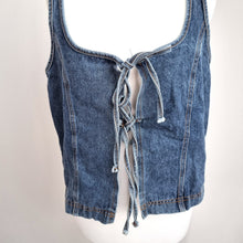Load image into Gallery viewer, Denim Lace Up Vest Top Small Corset Blue Sleeveless Tie Tank Milkmaid Festival
