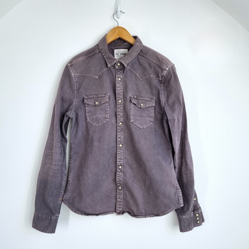 AllSaints Western Denim Shirt Men's Inada Grey Pearl Snap Buttons Thick Medium