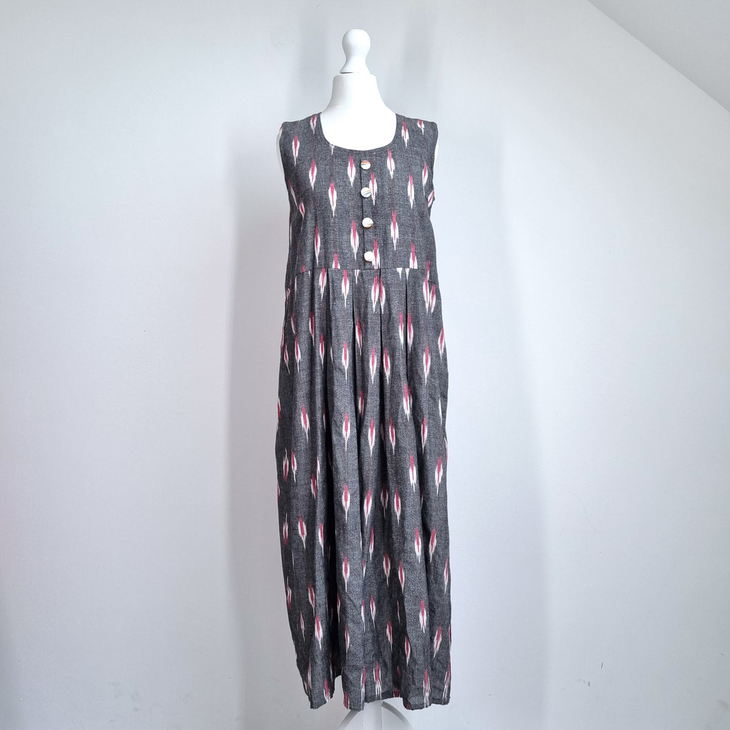 Handmade Midi Dress Ikat Print 8 10 A Line Grey Cotton Blend Buttons Lagenlook