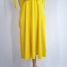 Load image into Gallery viewer, Vintage Dress Yellow Polka Dots Pockets Tea Dress Retro 80s Empire Waist 12 14
