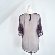 Load image into Gallery viewer, Lucky Brand Blouse Embroidered Sheer Mesh Black Floral Short Sleeves Top Large
