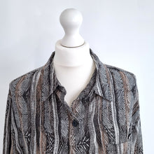 Load image into Gallery viewer, Chico&#39;s Blouse Silk Linen Blend Shirt Brown Black Pattern Long Sleeves 2 Medium
