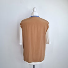 Load image into Gallery viewer, Vintage St Michael Blouse Top 80s Colourblock Tan Blue Mock Neck Button 12 14 16
