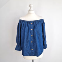 Load image into Gallery viewer, Made in Italy Denim Top Off the Shoulder Chambray Dark Blue Blouse Cotton 10-14
