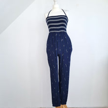 Load image into Gallery viewer, Fat Face Jumpsuit Shirred Tapered Navy Blue Tasseled Halterneck Holiday 10
