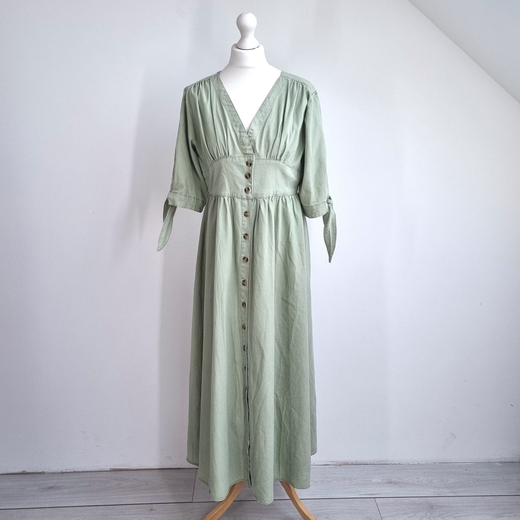Midi Button Down Dress Large Sage Green 100% Cotton Tie Sleeve Casual Boho Tea