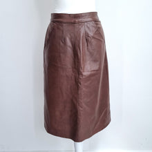 Load image into Gallery viewer, Vintage Real Leather Skirt Brown Fits UK 8 Knee Length High Waist A-Line Pockets
