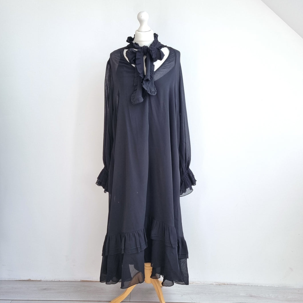 Monsoon Midi Dress Black Large Aurelia Long Sleeve Ruffle NEW Bow Party Gothic