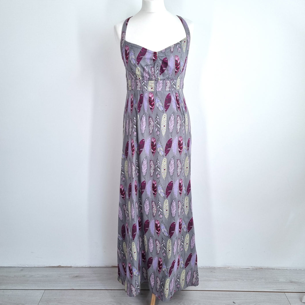 White Stuff Maxi Dress Feather Print Grey 100% Cotton Crisscross Back Lined 12