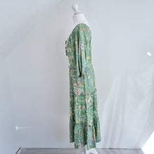 Load image into Gallery viewer, Vintage Prairie Dress Midi Floral Print Mint Green Tiered Peasant Boho 8 10
