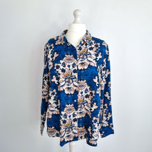 Load image into Gallery viewer, Monsoon Linen Blend Blouse Floral Print Shirt Blue Bright Boxy Long Sleeves XL
