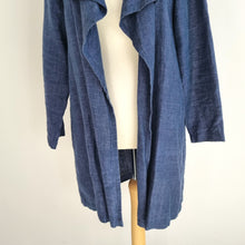 Load image into Gallery viewer, East 100% Linen Jacket Waterfall Open Pockets Navy Blue Draped Cardigan Medium
