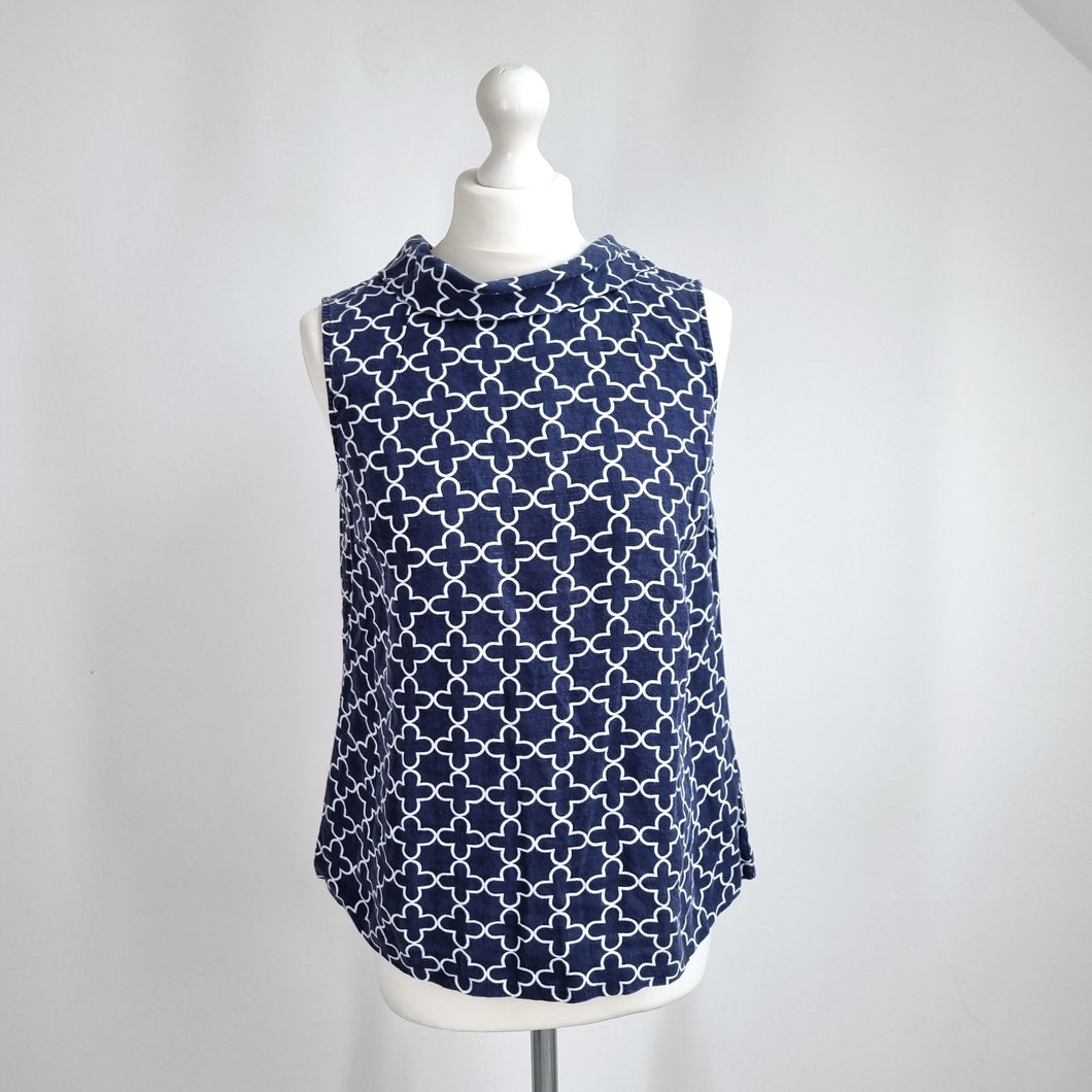 Boden 100% Linen Sleeveless Blouse Top 10 Navy Blue Floral Retro Print Button