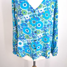 Load image into Gallery viewer, Anorak Retro Floral Blouse UK 16 Button Front Turquoise Blue Peasant Top Viscose
