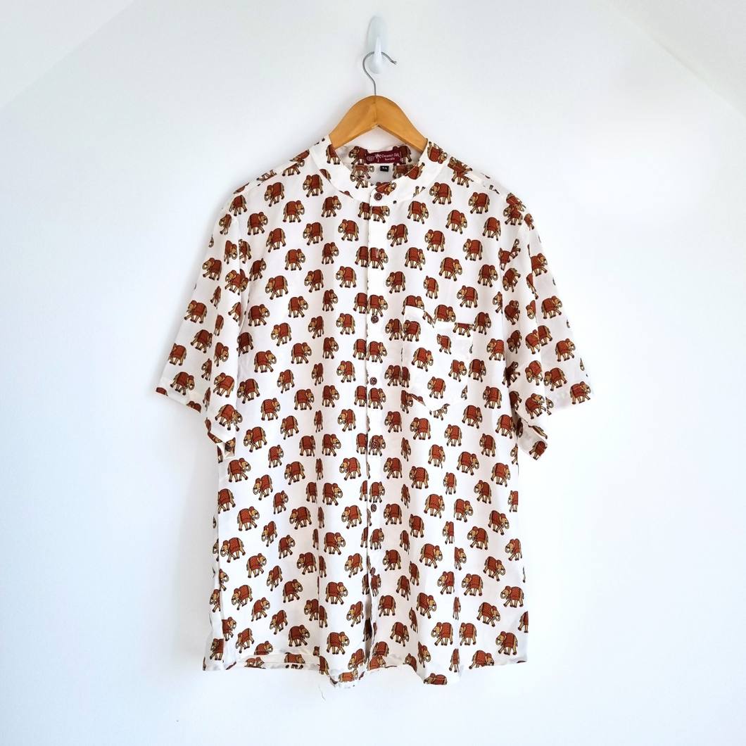 Coconut Silk Kerala Shirt Elephant Print Indian Off-White Mock Neck Men's 44