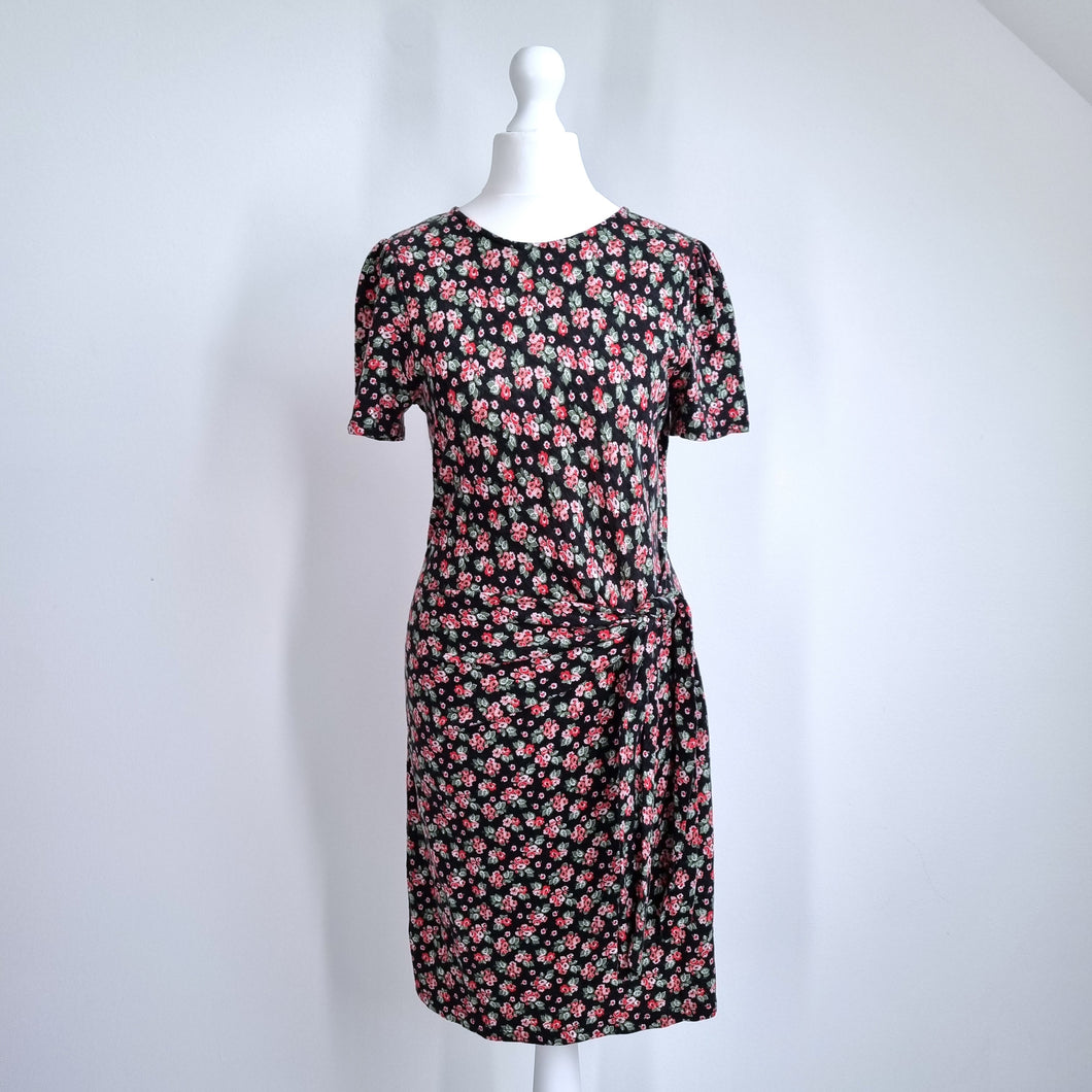 Boden Floral Dress Jersey 10 Petite Knot Detail Black Stretch Cotton Casual