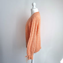 Load image into Gallery viewer, Monsoon Pointelle Knit Cardigan Small Peach Soft Fluffy Bow Cuff Pastel Scallop
