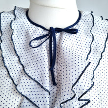 Load image into Gallery viewer, Vintage Polka Dot Blouse Ruffle Neck Bow 14 16 White Navy Long Sleeves Shirt
