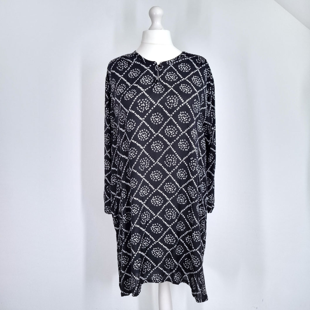 Masai Dress Tunic Pockets XL High Low Midi Black Long Sleeves Print Lagenlook