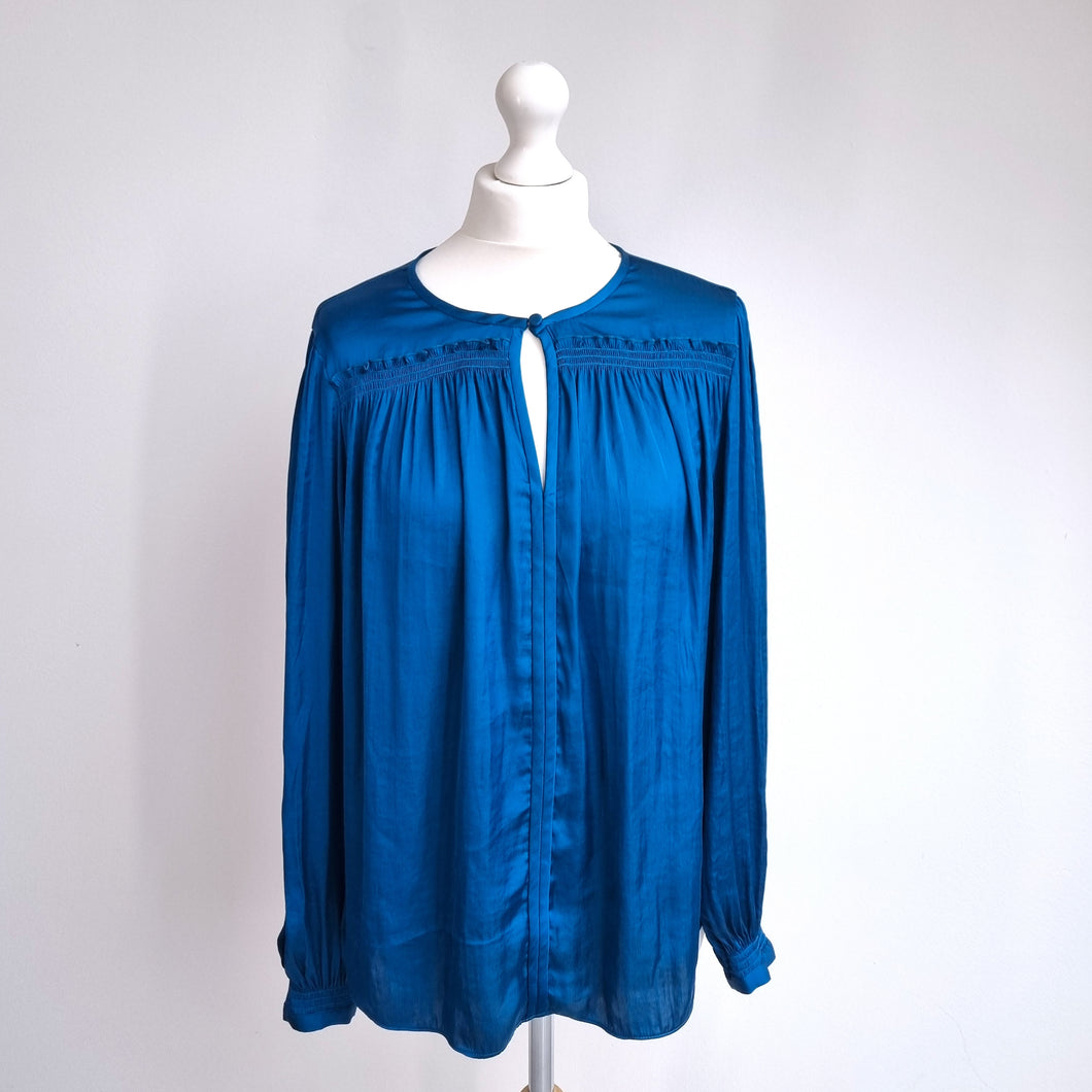 Jigsaw Blouse Satin Peasant Teal Blue Top Long Sleeves Boho Work Smock Size 14