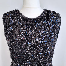 Load image into Gallery viewer, M&amp;S Sequin Midi Dress Size 18 Black Wiggle Lined Ruched Sleeveless Xmas Party
