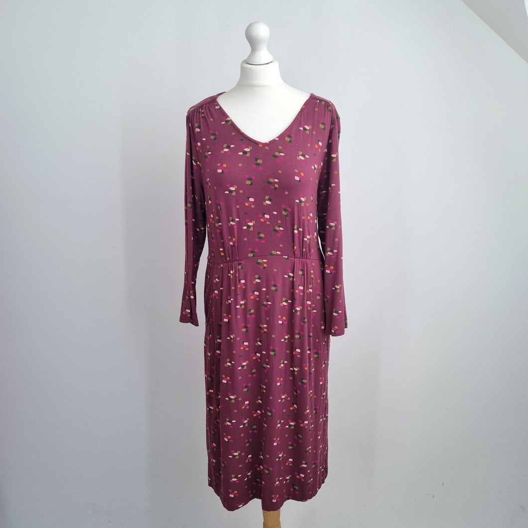 White Stuff Dress Pockets UK 14 Purple Burgundy Jersey Casual Print Long Sleeves