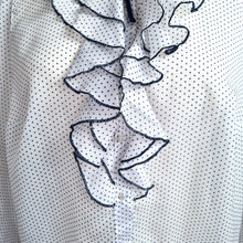 Load image into Gallery viewer, Vintage Polka Dot Blouse Ruffle Neck Bow 14 16 White Navy Long Sleeves Shirt
