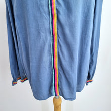 Load image into Gallery viewer, Boden Blouse Embroidered Rainbow Trim UK 16 Blue Top Buttons Cotton Long Sleeve
