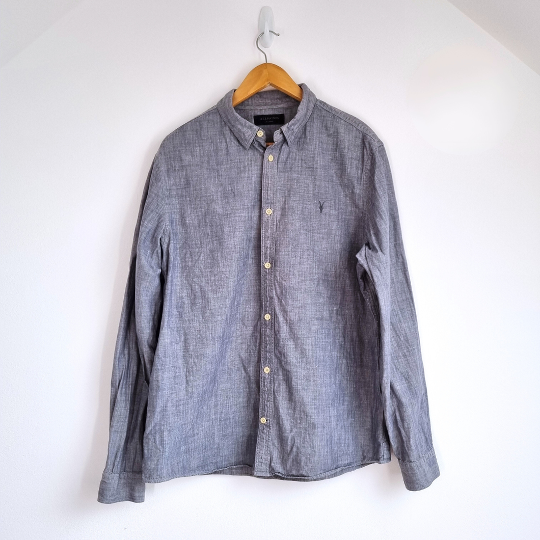 AllSaints Mens Shirt Linen Cotton Blend XL Light Blue Long Sleeves Chambray