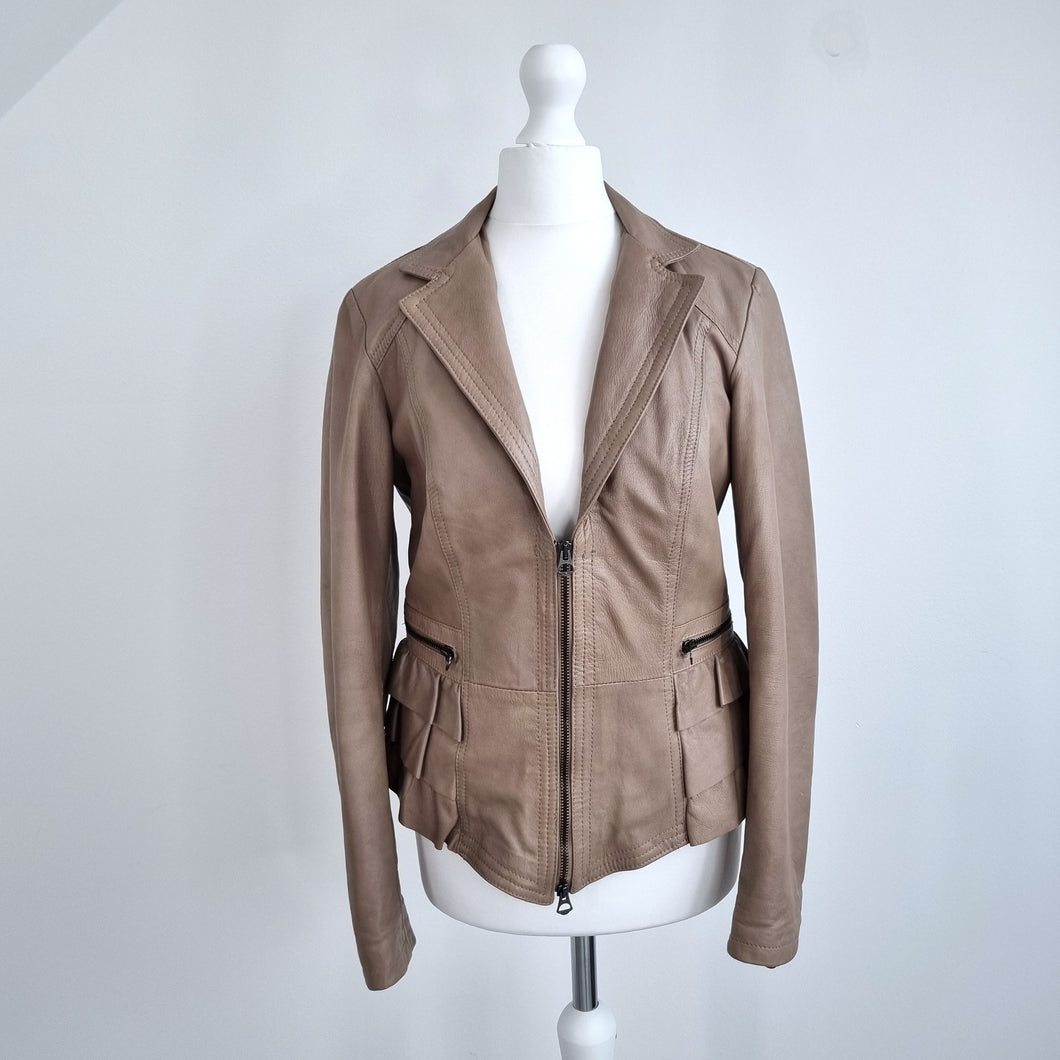 Antros Real Leather Jacket Vintage Ruffle Peplum Taupe Zip Pocket Biker 8 Small